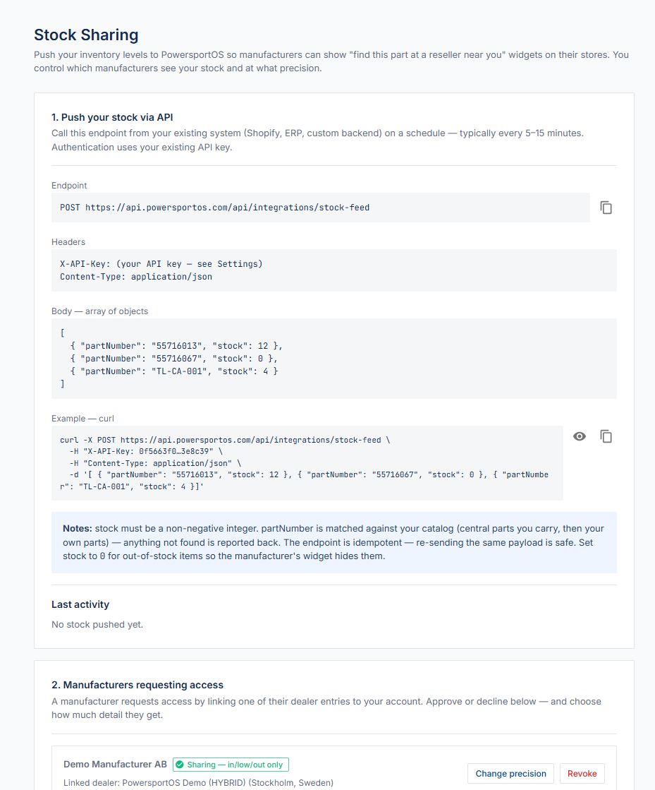 Reseller stock-network admin view